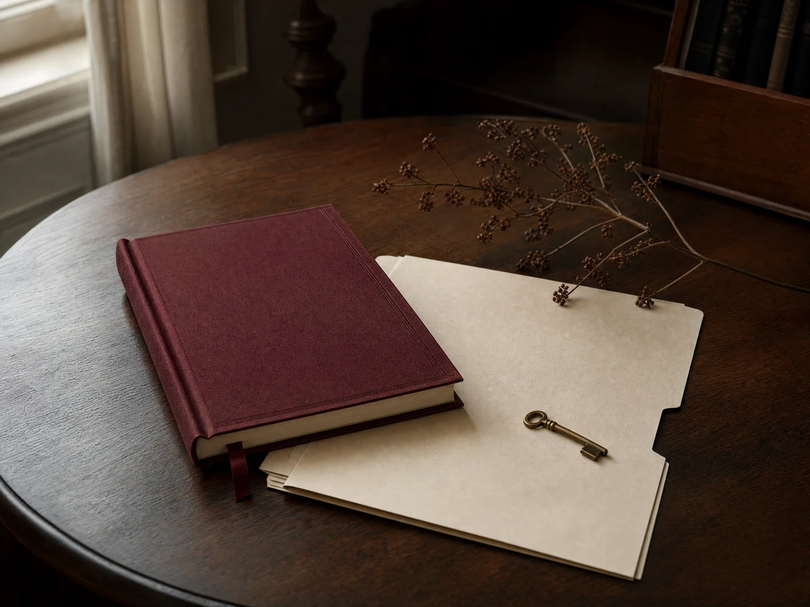 Illustrative estate preparation table with a notebook